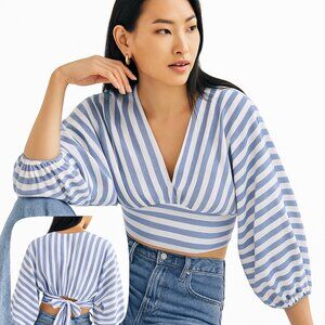Anthropologie Dolan Crop Tie Front Blouse Blue White Striped Balloon Sleeve S
